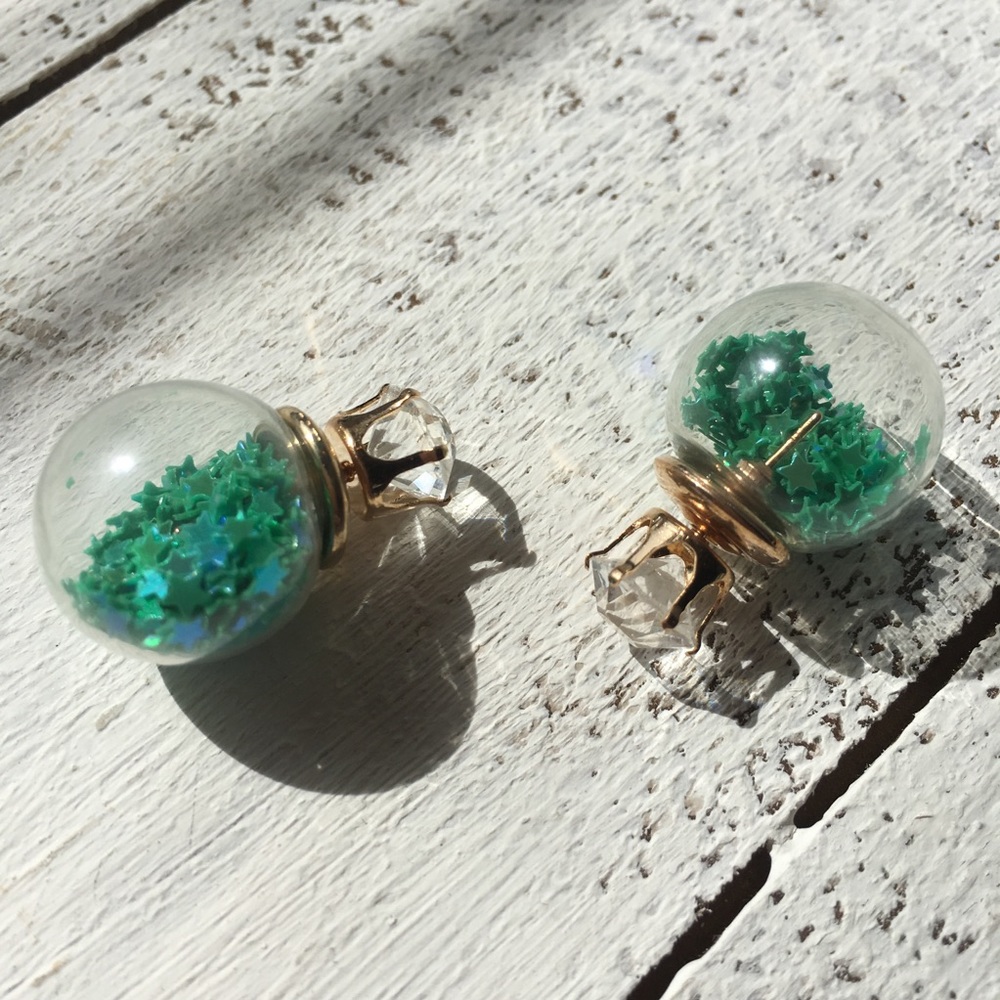 Dark Green Star Double Stud Earrings - Picture 4 of 8